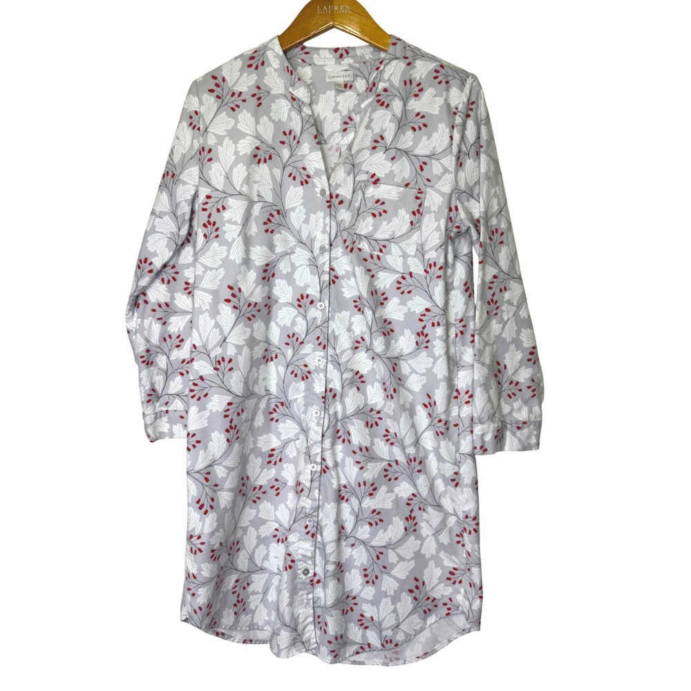 Garnet Hill Flannel Night Shirt Small Gray/White Silver Berries